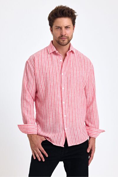 COOL TARZ Men's Striped Classic Fit Shirt - Long Sleeve, 100% Cotton Linen, Folded Sleeve