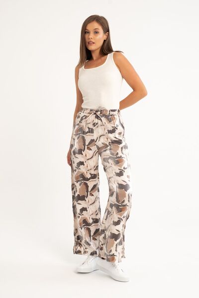 Qaju Pantaloni de damă cu textura din satin cu model - talie elastică și fante