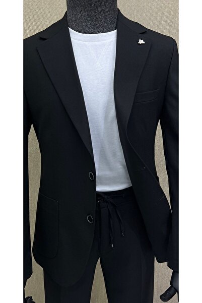 Terziayhan Suit Slim Fit Casual Sports Jacket Trousers Black