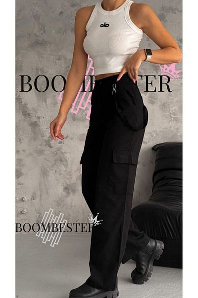 BoomBester High Waist Linen Cargo Pants - Black Women