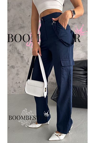 BoomBester Navy Blue Linen High Waist Cargo Pants with Pockets