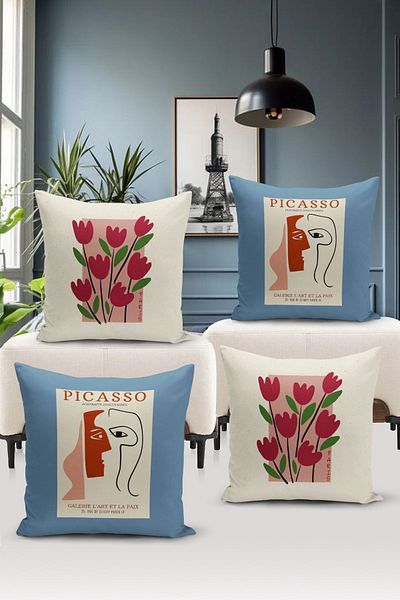 Bertille Home Set de 4 huse de pernă cu imprimare digitală pe două fețe Art Series (Set de huse artistice)