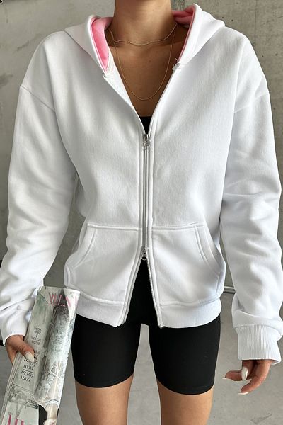 MODAGEN Λευκή Unisex Oversize Ζακέτα με κουκούλα - Διπλό φερμουάρ
