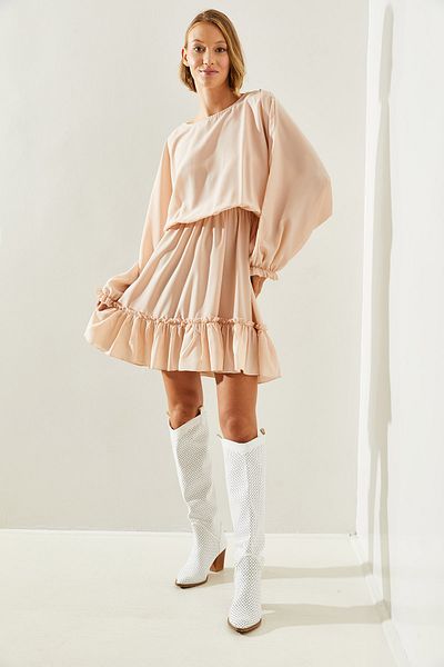 Bianco Lucci Σκάφος λαιμόκοψη RuFFle Φούστα ChiFFon Φόρεμα - Μέση και μανίκι ελαστικό 2292 60251621