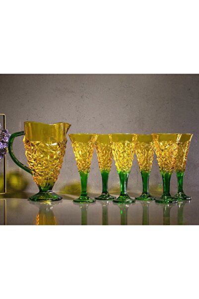 sudeka 7 Parça Renkli Cam Su, Meşrubat Seti 1,5lt-270cc Sarı-Yeşil