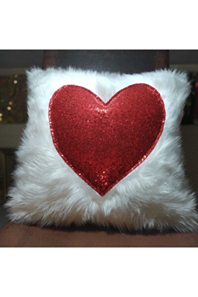 YILMAZHOME غطاء وسادة على شكل قلب قطيفة - (أبيض قطيفة - قلب أحمر)