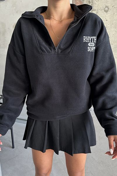 MODAGEN Φούτερ Unisex Μαύρο Κεντημένο γιακά Φλις Φούτερ - Μισό φερμουάρ