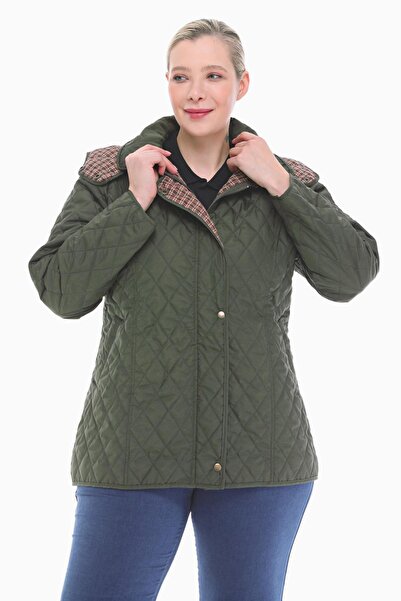 VETRE Women's Large Size Plaid 75 Cm Seasonal Khaki Quilted Coat 1024