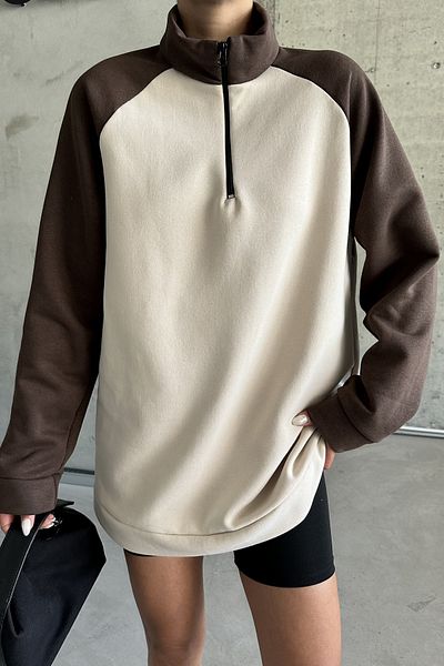 MODAGEN Φούτερ Unisex Oversize - Καφέ Μπεζ, Γιακάς, Μισό Φερμουάρ