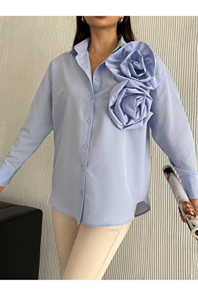 DuSiMoDa قميص نسائي أزرق مزين بالزهور الكبيرة وقصير من الخلف وطويل فضفاض