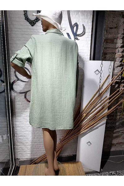 Sosyete Kaplumbağa Muslin Cotton Long-sleeved, Buttoned Slit Shirt Tunic Dress