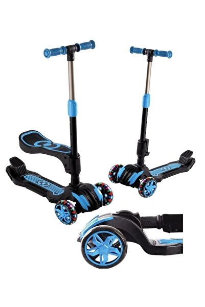 SAZE Mavi Oturaklı 3 Teker Lede Işıklı Scooter Katlanabilir Direksiyon Dızlık Dırseklık Seti Hediye