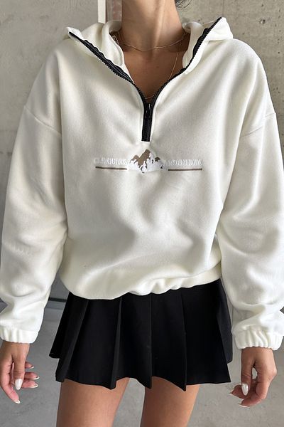 MODAGEN Unisex Κεντητό Mountain Fleece Φούτερ - Κουκούλα με μισό φερμουάρ
