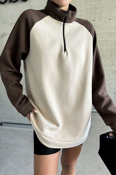 MODAGEN Φούτερ Unisex Oversize - Καφέ Μπεζ, Γιακάς, Μισό Φερμουάρ