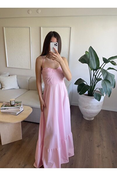 Özgece Fırfır Detaylı Askılı Vual Maxi Elbise