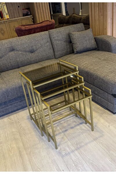 Lamra Dizayn 3'Llü Rana Gold Sehpa  Bronz Camlı Çok Amaçlı Yan Sehpa Zigon Sehpa Metal sehpa