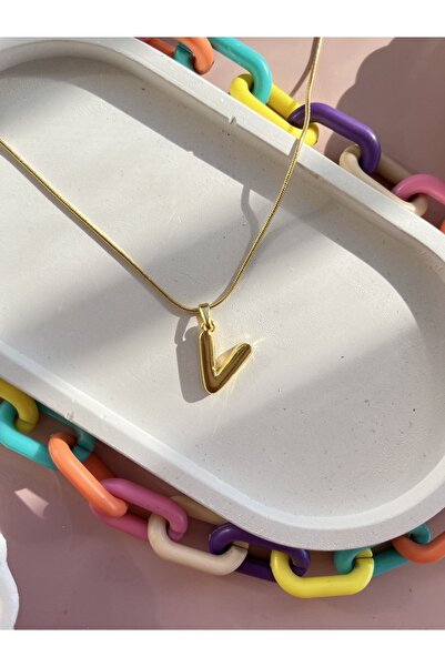 Claritas Takı Kadın Altın Kaplama Bombeli V Harfli Kolye, Bubble V Harf Kolye