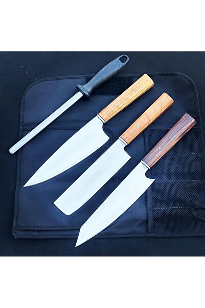 ATASAN Çantalı Ahşap Saplı Özel Üretim Şef, Kasap, Mutfak Bıçak Seti 5 Parça