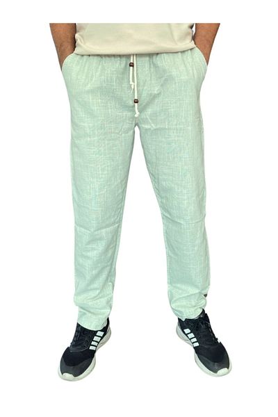 Enoteks Green Men's Trousers - Comfortable Fit, Elastic Waist, Cotton Linen Flamed