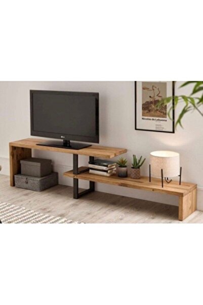 UmutHomeDesing Metal Ayaklı Masif Ahşap İki Katlı Tv Ünitesi