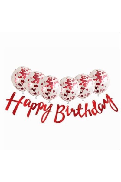 Deniz Party Store Red Happy Birthday Balloon - Confetti and Transparent, Calligraphy Writing