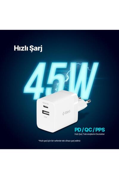 Ttec Polham Ttec PD 45W 1x Type C ve 1x USB Girişli Şarj Adaptörü, Akım ve Isı Korumalı Süper Hızlı Başlı