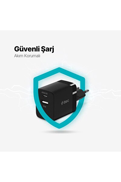 Ttec Polham Pd 45w 1x Type C Ve 1x Usb Girişli Şarj Adaptörü, Akım Ve Isı Korumalı Süper Hızlı Başlı