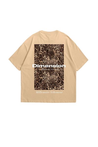 Sekizbiraltı Μπλουζάκι με Leopard Pattern 24/1 Dimension Printed Unisex Beige Oversize