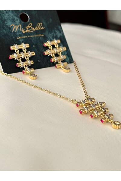 Brillo Serenay Kenarları Fuşya Taşlı Boru Kolye Ve Küpe Seti