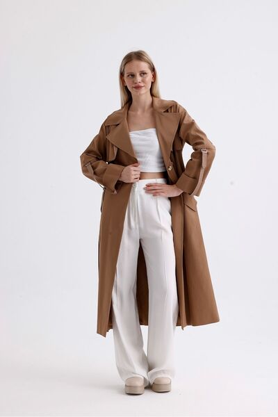 DOLCEBELLA Kadın Ceket Yakalı Kruvaze Camel Trençkot