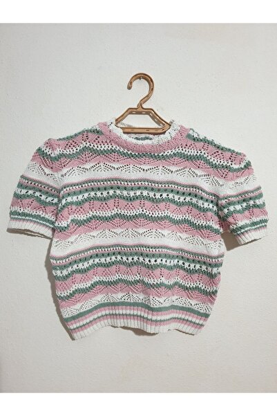 S&A Collectionn Bluză de damă ajurata cu dungi colorate cu mânecă scurtă