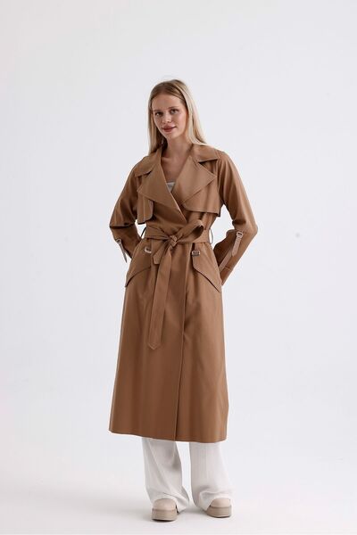 DOLCEBELLA Kadın Ceket Yakalı Kruvaze Camel Trençkot