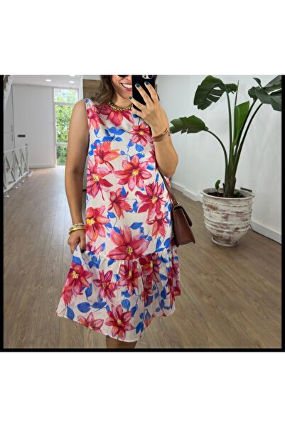 BEBE PLUS Renkli Çiçek desenli kolsuz salaş elbise