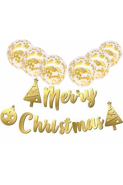Deniz Party Store Merry Christmas - New Year Gold with Transparent Confetti and Calligraphy Writing