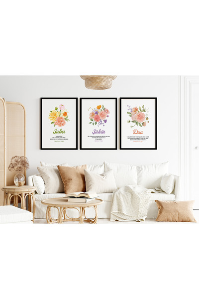Efsa Sanat Tasarım Çerçeveli Ayetli 3'lü İslami Tablo Seti - Sabır Şükür Dua ...