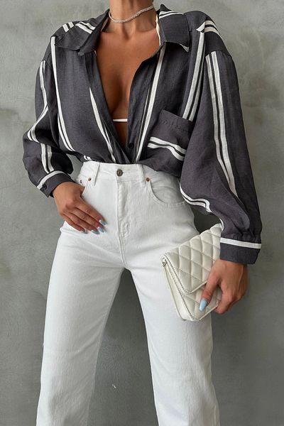Suzi butik Cămașă oversize alb-negru pentru femei - 4863