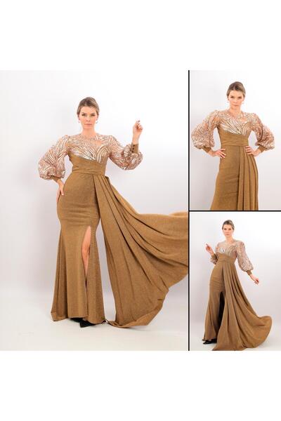 Robes Pul Ve Sim Kumaş Yırtmaç Detaylı Astarlı Esnek Likralı Abiye Balık Elbise