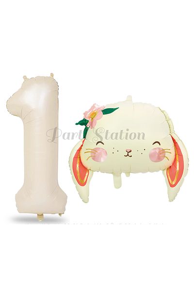 Parti Station 1 Year Old Rabbit Cute Balloon Set - Woodland Animals Concept, Cream Color
