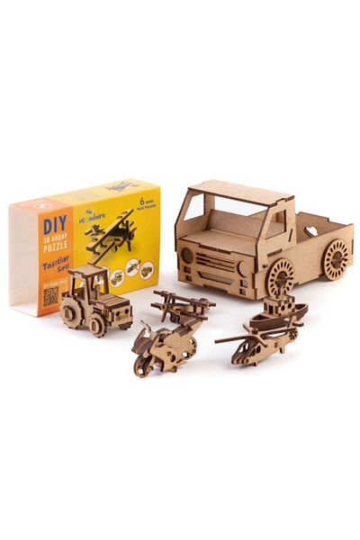 Uçandaire - Wooden Vehicles Set / Natural and Educational DIY Model Toy Vehicles Set