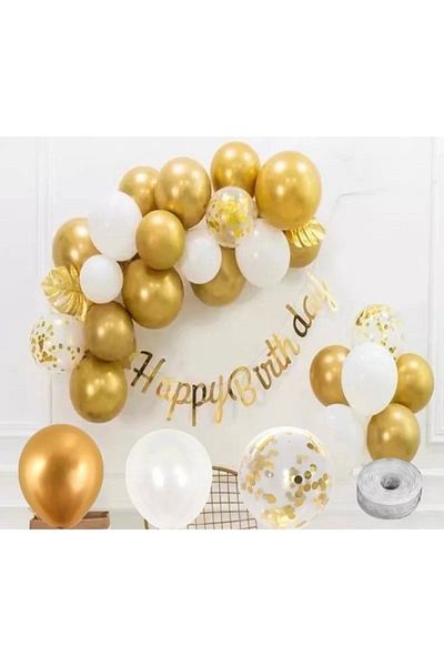 Deniz Party Store Happy Birthday - Mini Chain Balloon Set with Metallic and White Transparent Gold Confetti