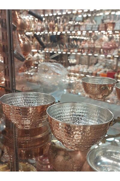Bakır Center Copper Ayran Cup Copper Cup Copper Water Cup Set with 2 Large Size Handles