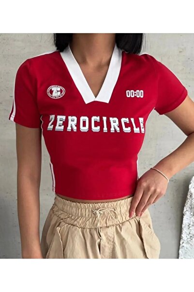 BİQ & TAQ BUTİK Червоний V-подібний кроп-боді - Zerocircle з написом для жінок