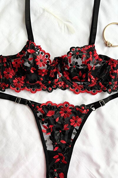 RİMEDA Crno-crveni cvetni bralet set od Čipka komada
