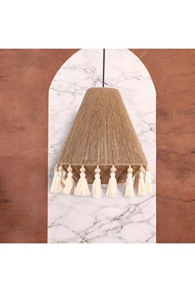 oceanpoint El Yapımı Jüt İpliği ve Ahşap Boncuklu Püsküllü Avize 35x40 cm Rustik & Bohem Stil Aydınlatma