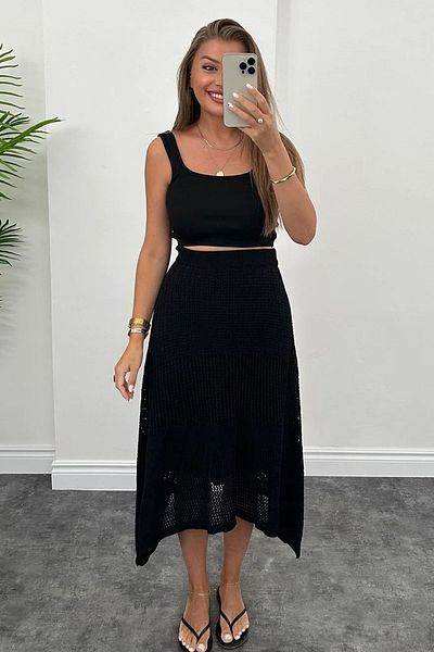 Didem Butik Negru cu croială asimetrică - Tricotaj ajurat Fusta midi Fusta lungă evazată de iarnă cu căptușeală interioară