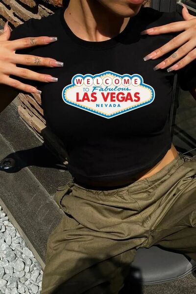 BİQ & TAQ BUTİK Street Style Las Vegas Themed Printed Short Sleeve Black Crop...