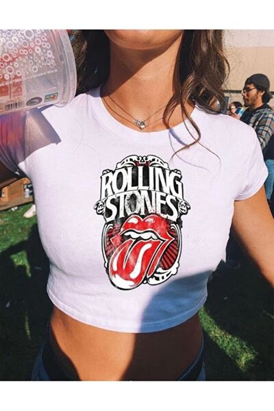 BİQ & TAQ BUTİK Y2K Street Style Λευκό Γυναικείο Rolling Stones με κοντό μανί...