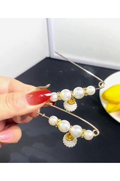 Genel Markalar Taşlı Ve incili iğneli Broş, Sarı Metal Renginde 6 Cm