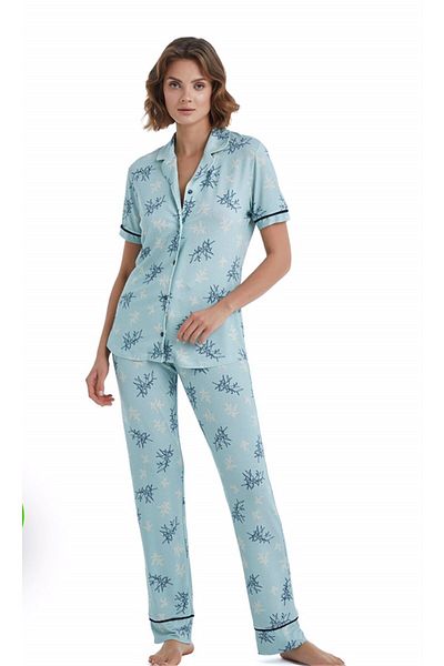 Blackspade Women's Short Sleeve Shirt Collar Pajamas Set- 51411-Light Green