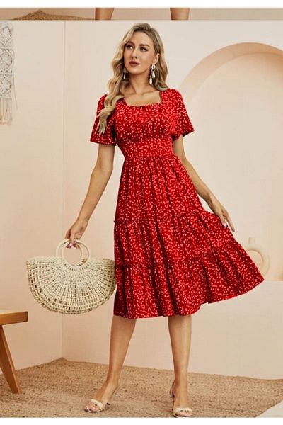 GENÇ MODA Rochie din viscoză cu imprimeu inimă roșie cu gât pătrat